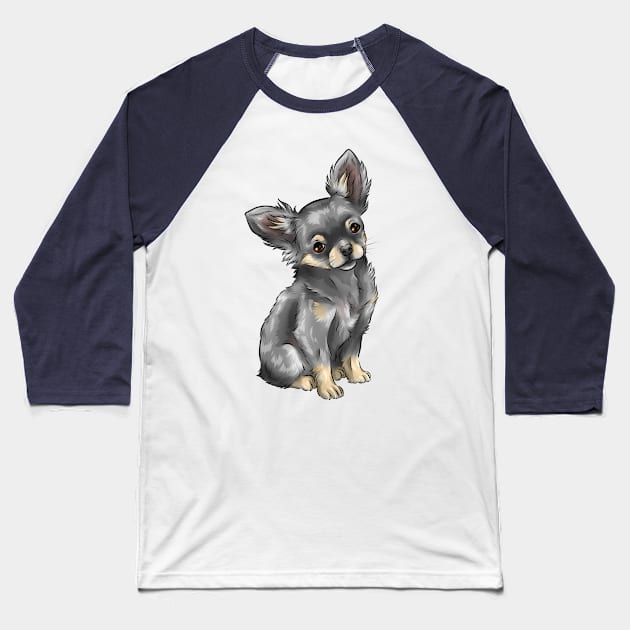 Long Haired Chihuahua | Blue and Tan | Cute Dog Art Baseball T-Shirt by Shirin Illustration